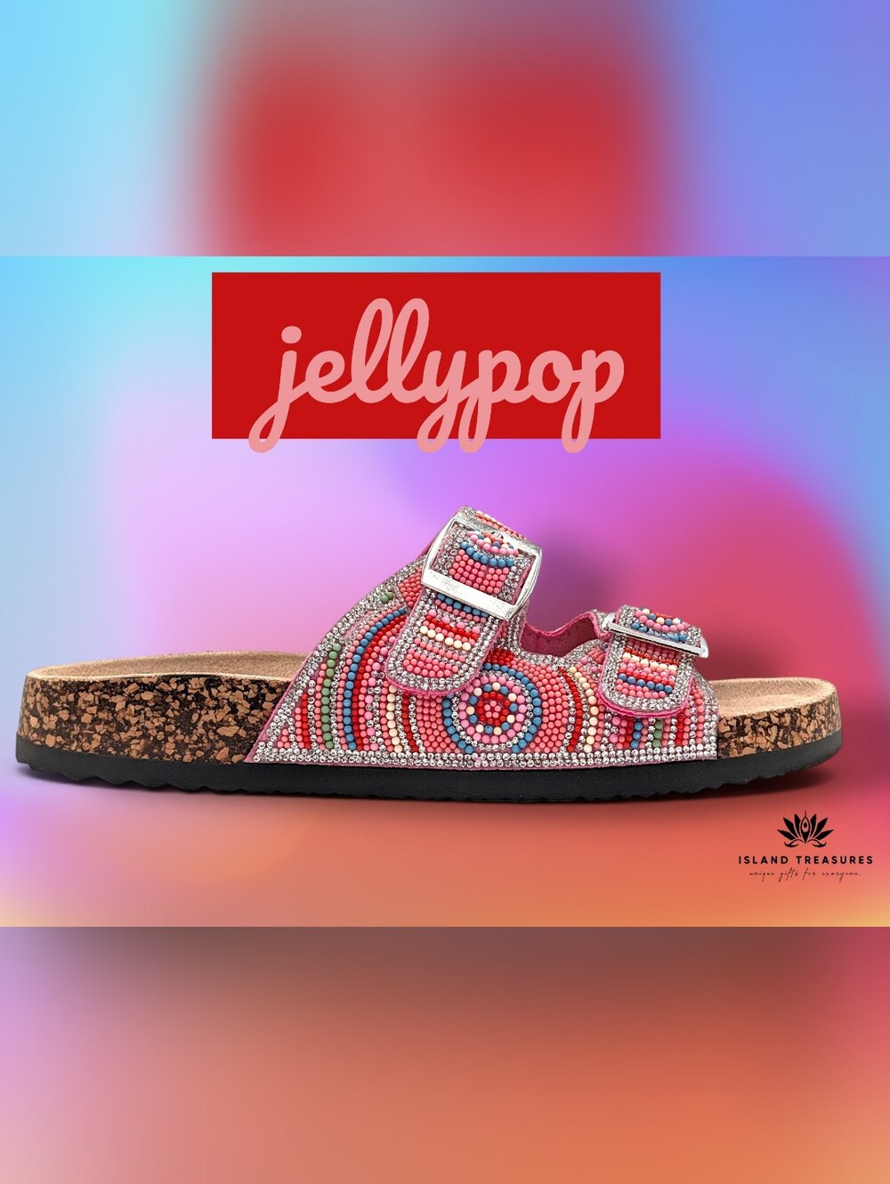 Jellypop Sz 9 Beaded Boho Pink/White/Blue Rhinestone Double Buckle Slide Sandal